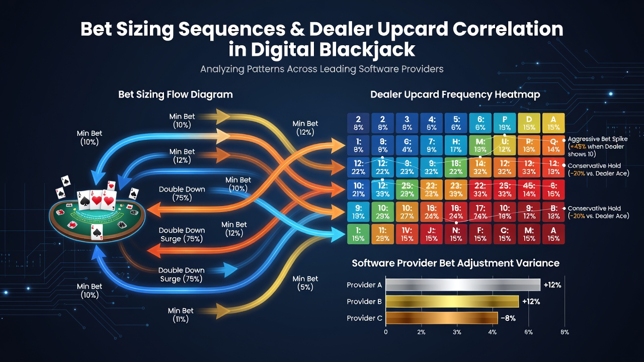 Digital blackjack interface showing bet sizing options and dealer upcard display across multiple software platforms