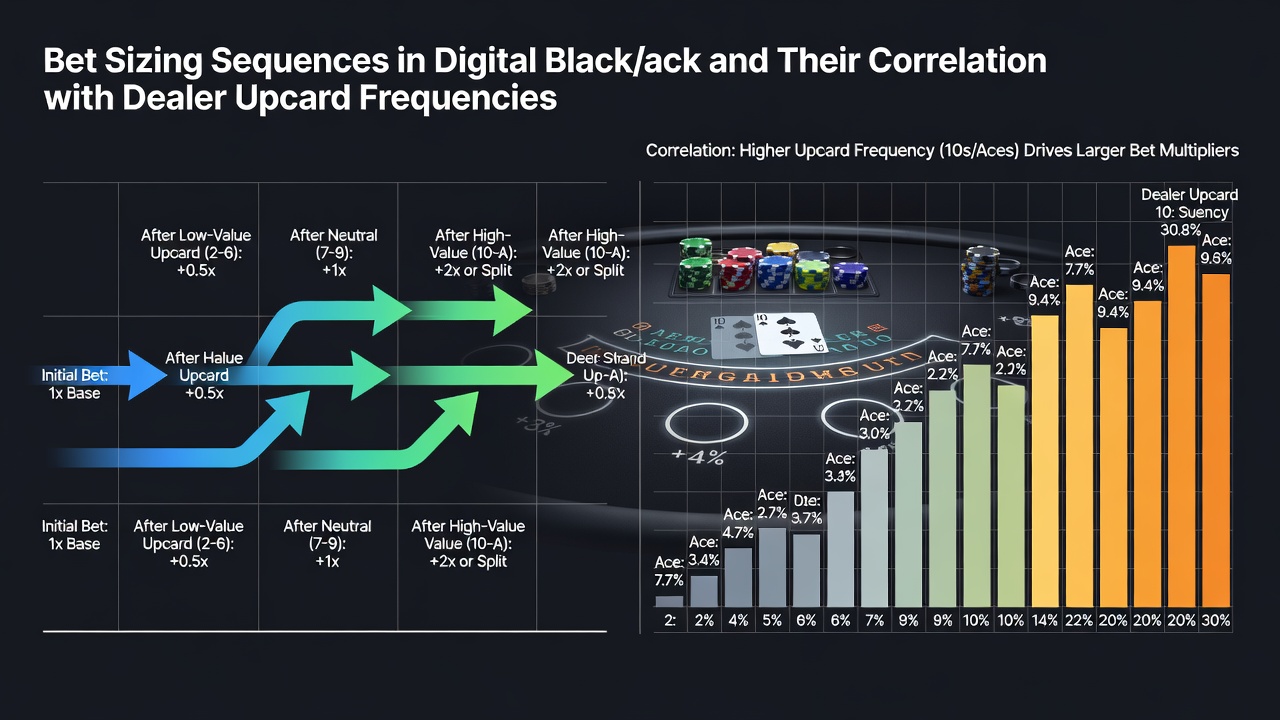 Chart displaying bet sizing trends correlated with dealer upcard frequencies from different blackjack software providers