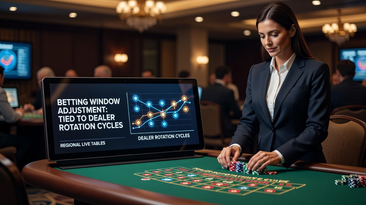 Live casino table with dealer rotation in progress and betting window indicators displayed on electronic panels