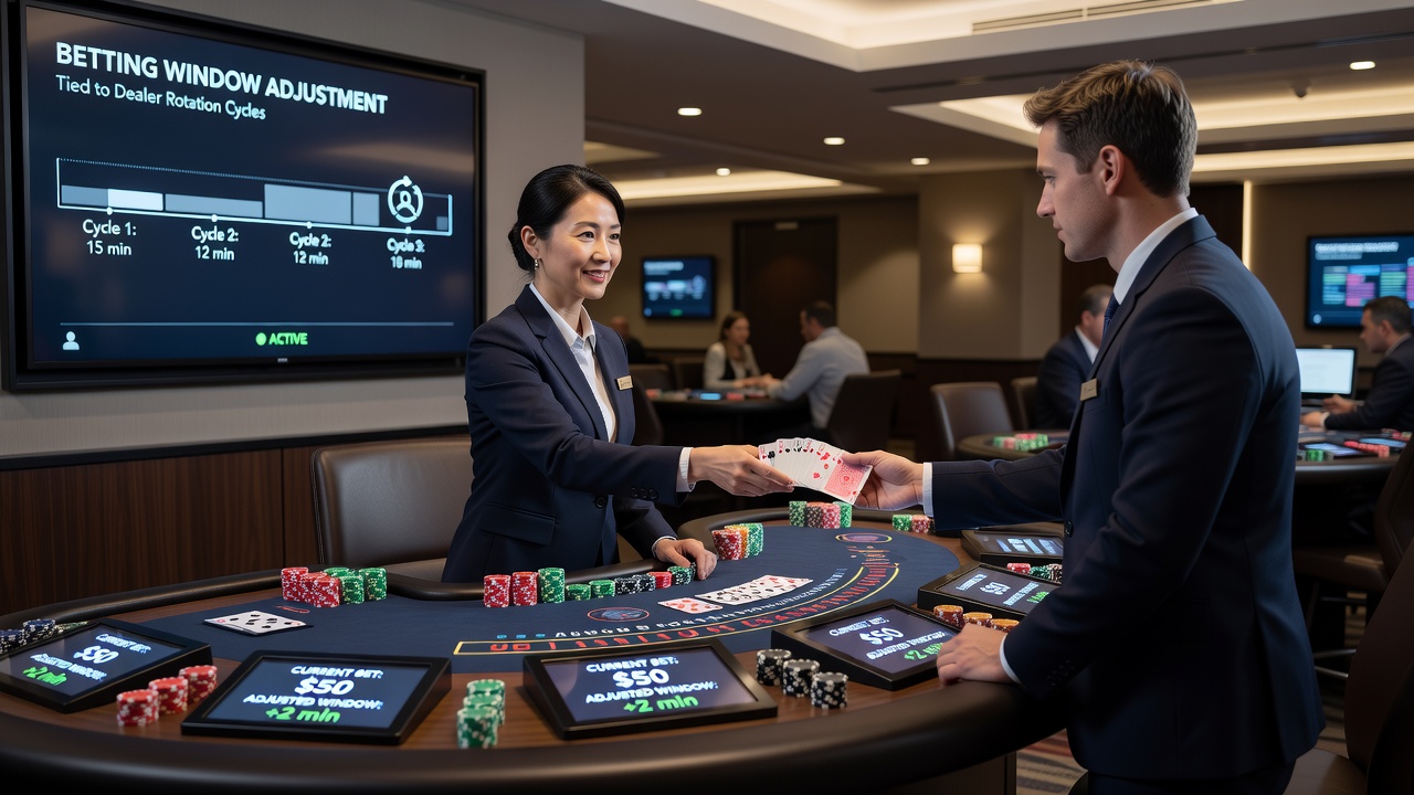 Electronic betting interface showing adjusted timer during dealer handoff at a regional live table