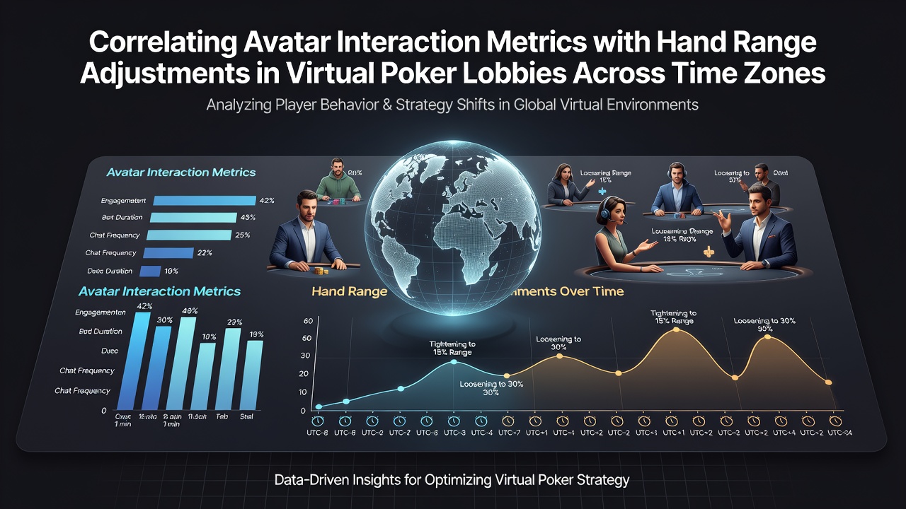 Virtual poker lobby interface showing avatars with interaction metrics overlaid on hand range data across global time zones