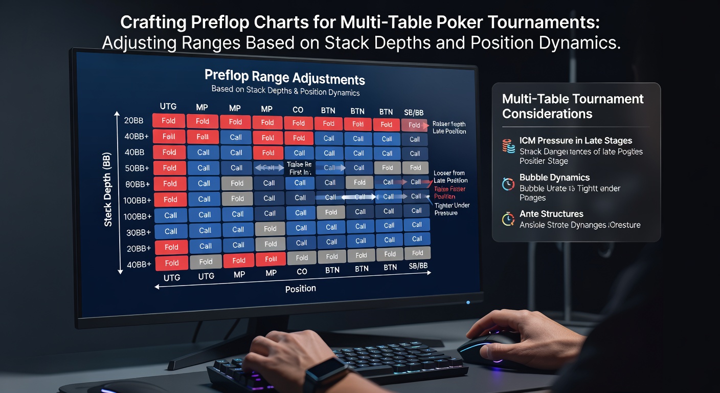 Poker players reviewing preflop range charts during a multi-table tournament with stack depth indicators visible on screens