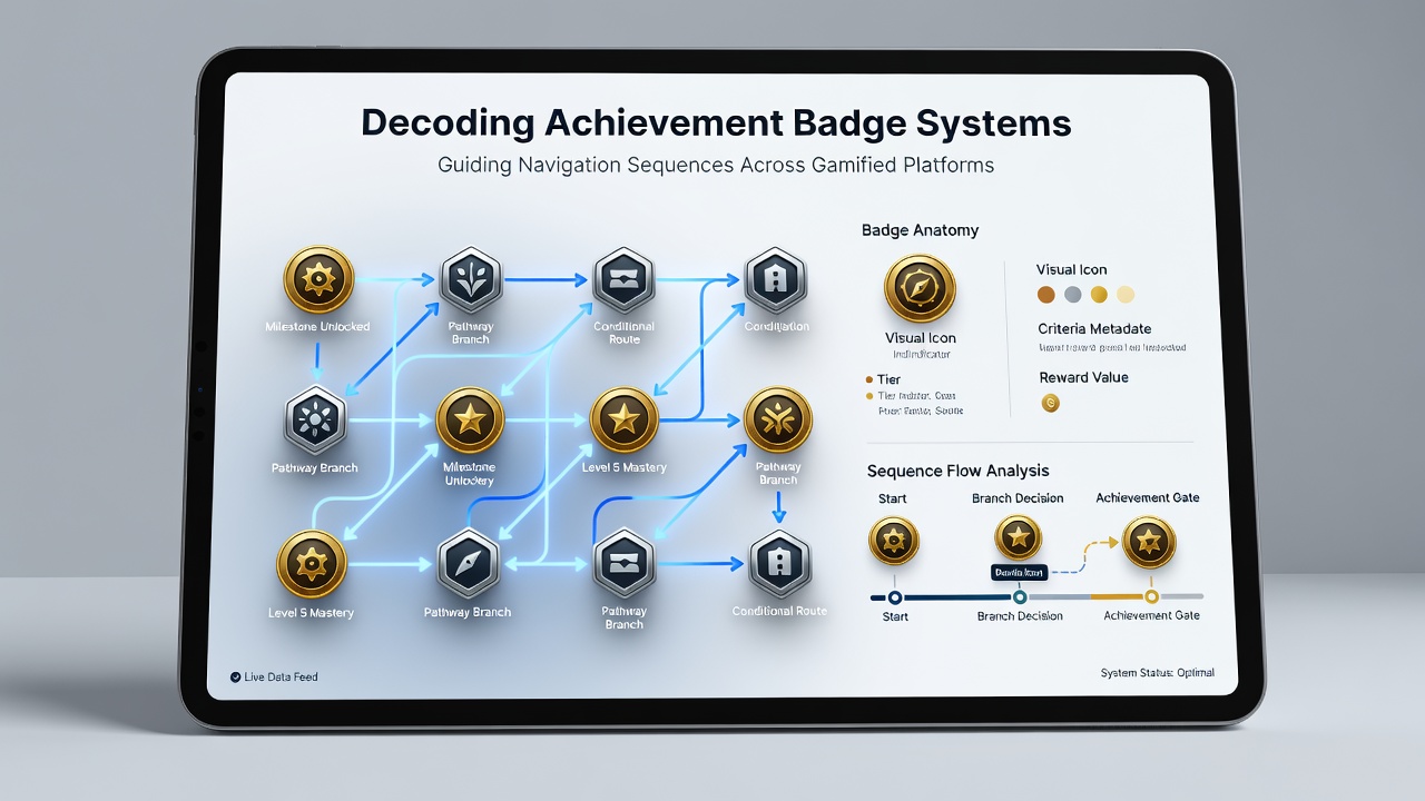 Player dashboard with active achievement badges guiding game selection flow
