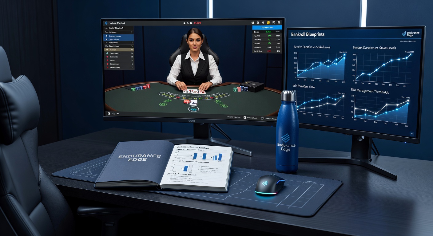 Player at live dealer table meticulously tracking bankroll during extended blackjack session, chips stacked strategically
