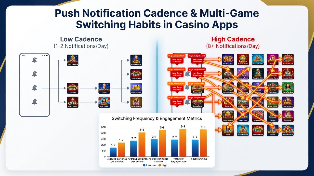 Mobile casino app dashboard with notification settings and game switching metrics displayed