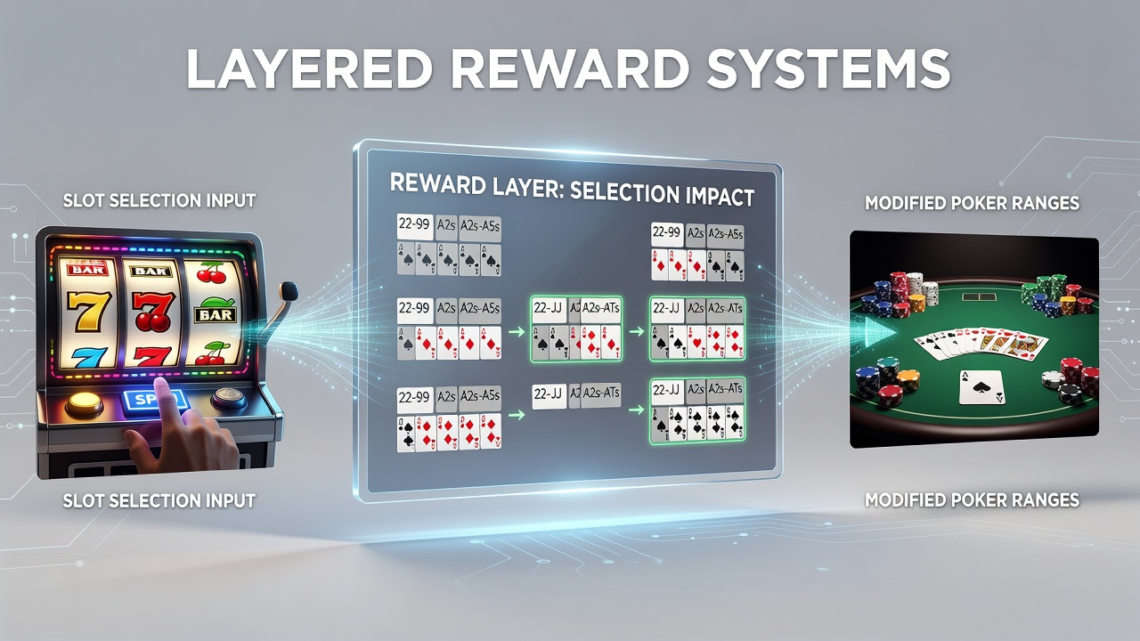 Digital interface showing slot game selections feeding into poker hand range adjustments within a layered casino rewards dashboard