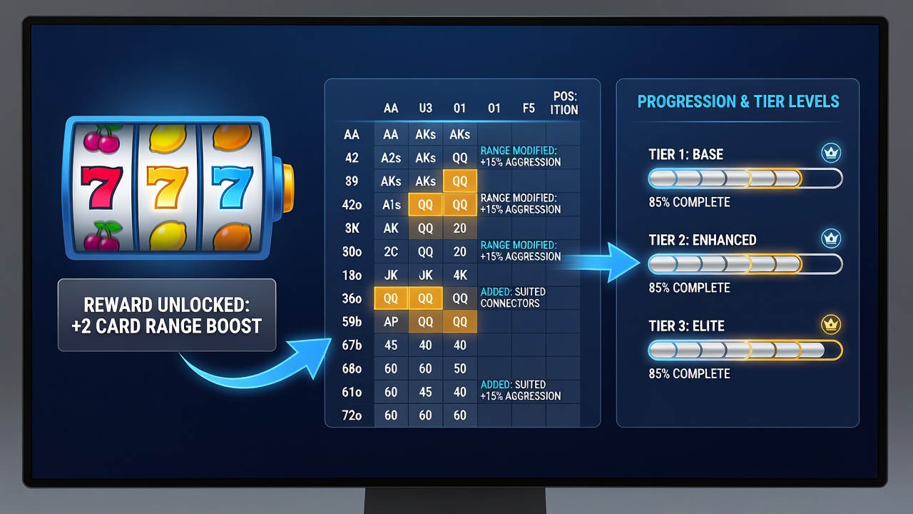 Analytics dashboard illustrating reward point flow from slot machines into dynamic poker range tables