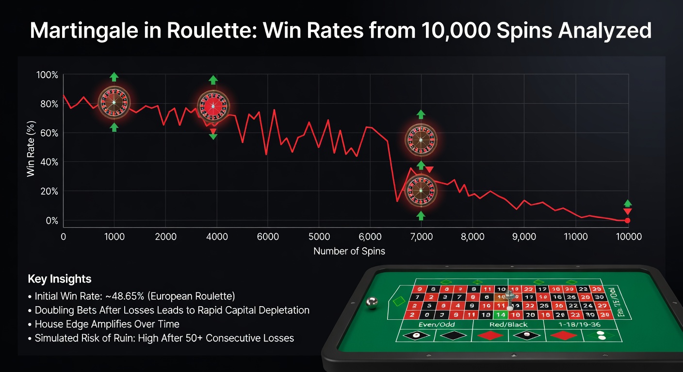 A spinning roulette wheel with chips stacked in a Martingale progression pattern on red, illustrating the doubling strategy in action during a casino session