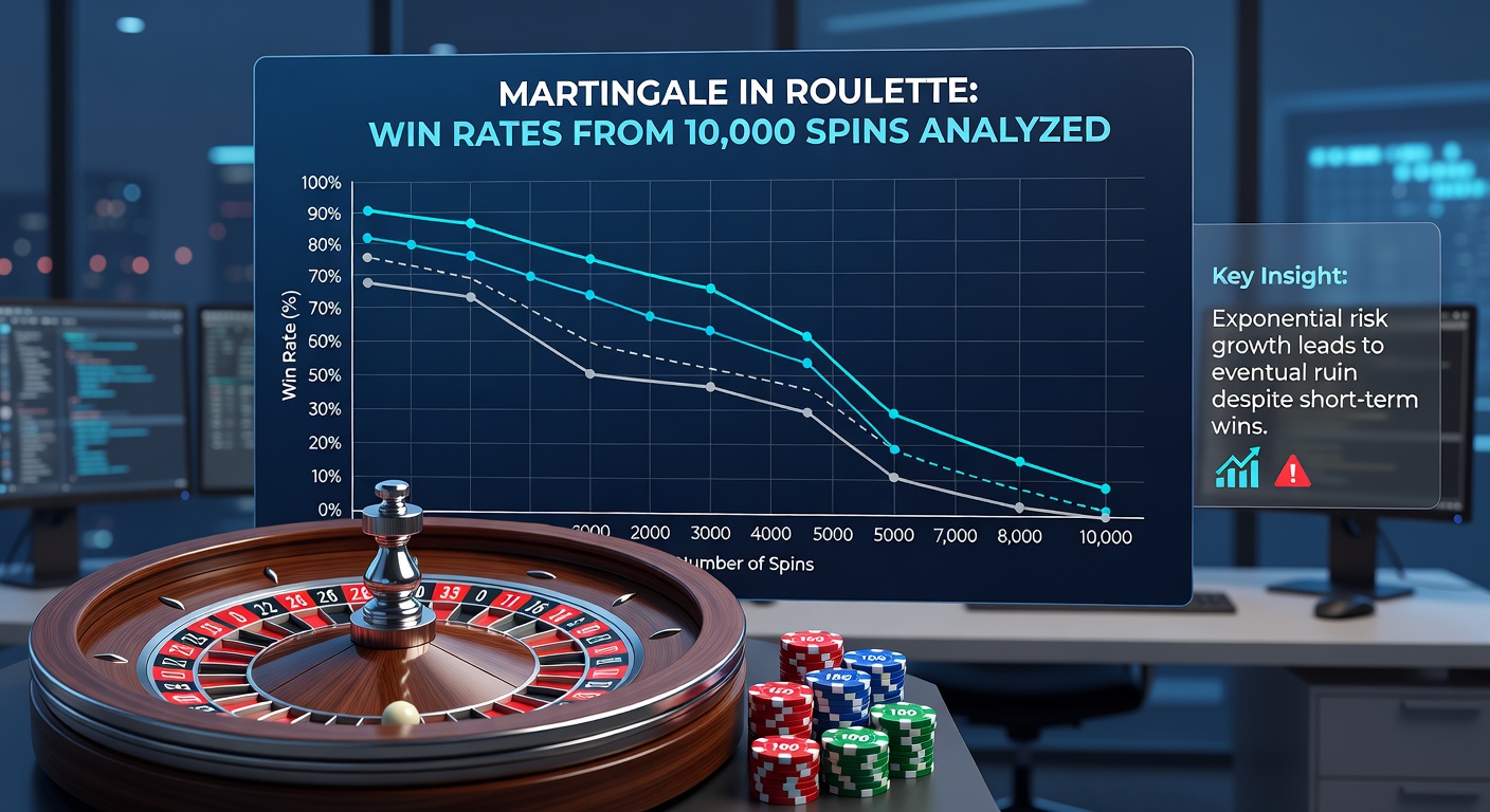 Graph plotting cumulative profit/loss over 10,000 Martingale spins on roulette, showing early gains followed by a steady downward trend due to house edge and table limits