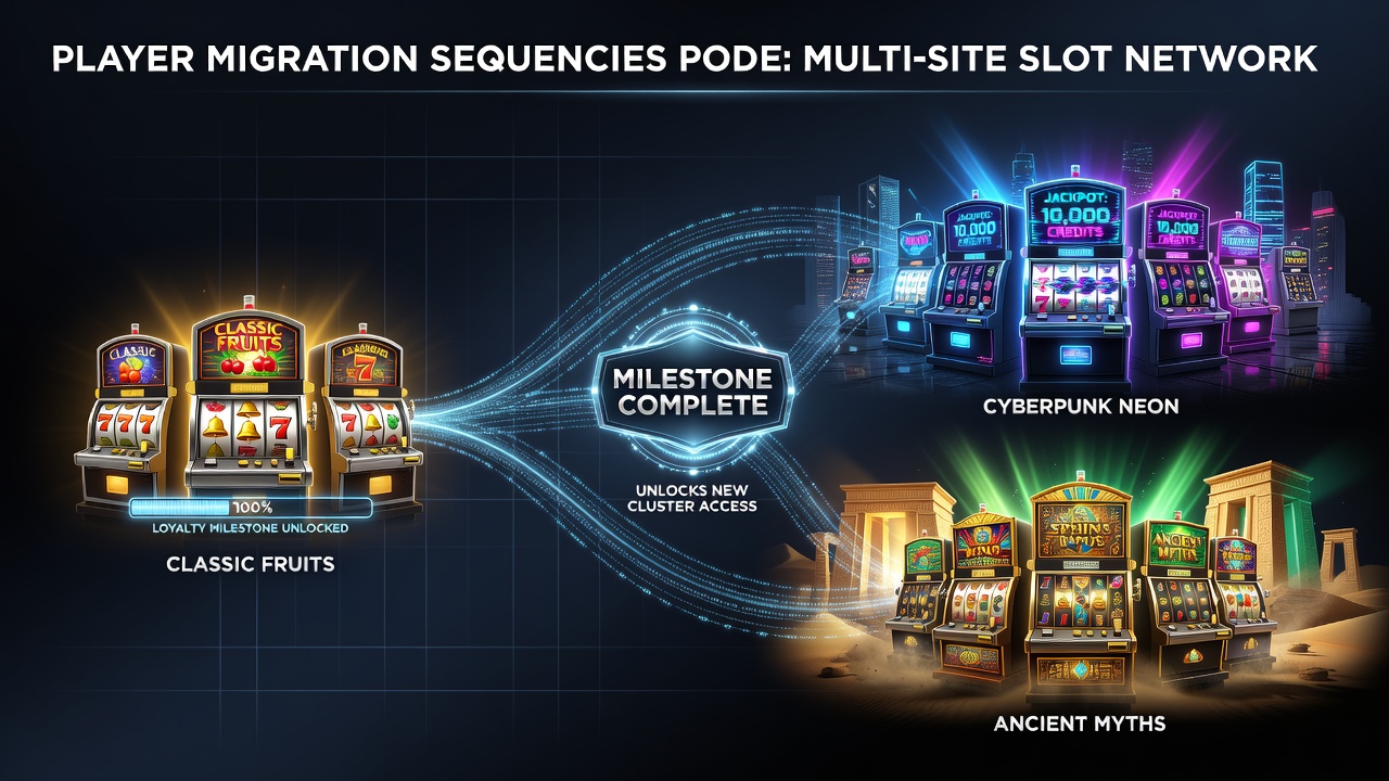Networked slot floor showing themed clusters and player pathways across multiple casino sites