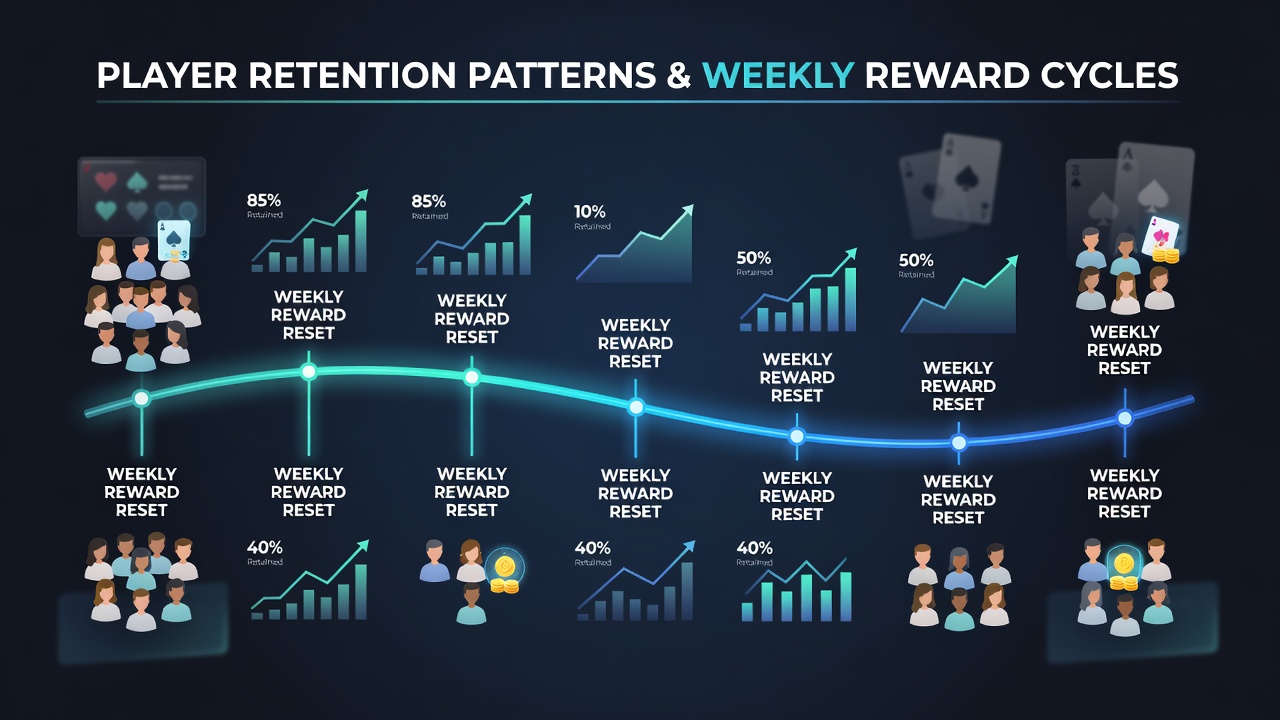 Digital card room interface showing weekly reward progress and player activity metrics