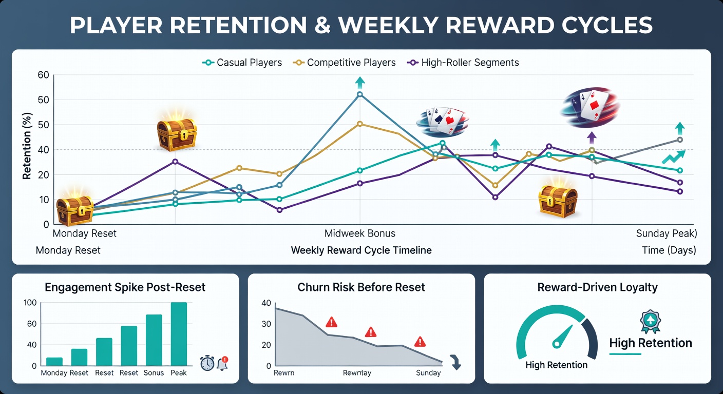 Analytics dashboard displaying retention curves around weekly reward resets in online poker rooms