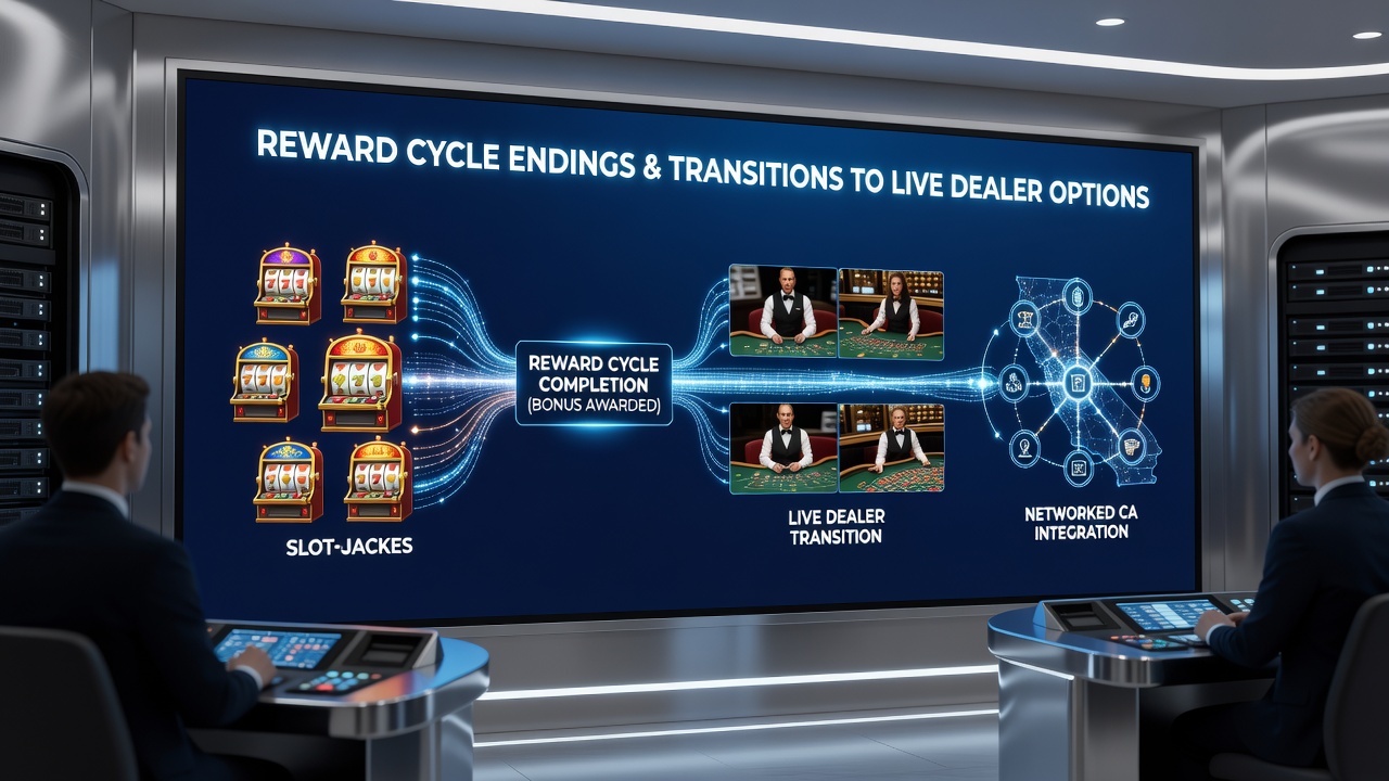 Live dealer blackjack table in a networked casino environment with players transitioning from previous slot sessions