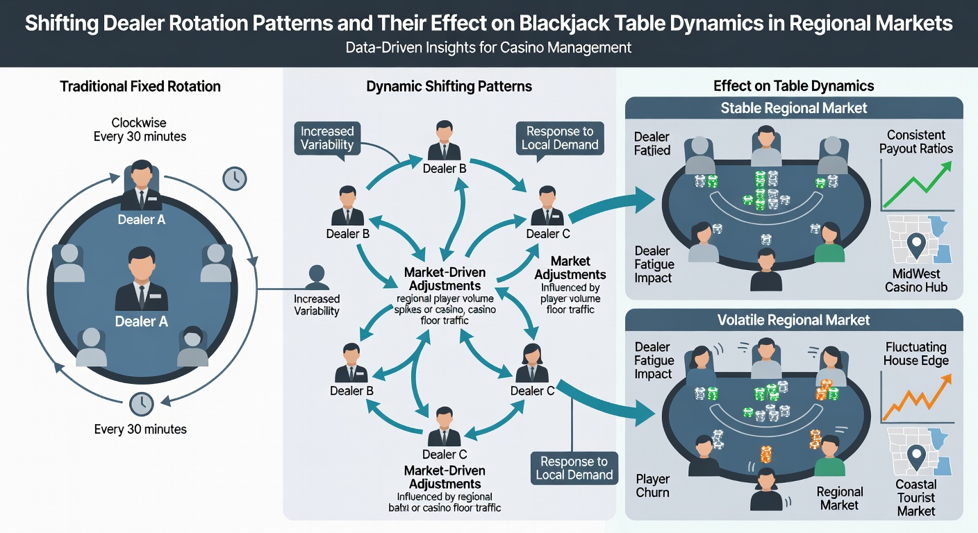 Overhead view of multiple blackjack tables showing dealer changes and player reactions