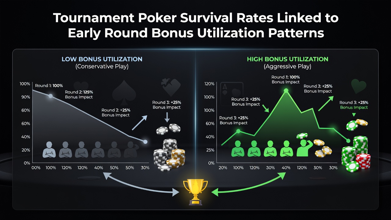 Detailed view of poker tournament software displaying bonus utilization stats and survival metrics