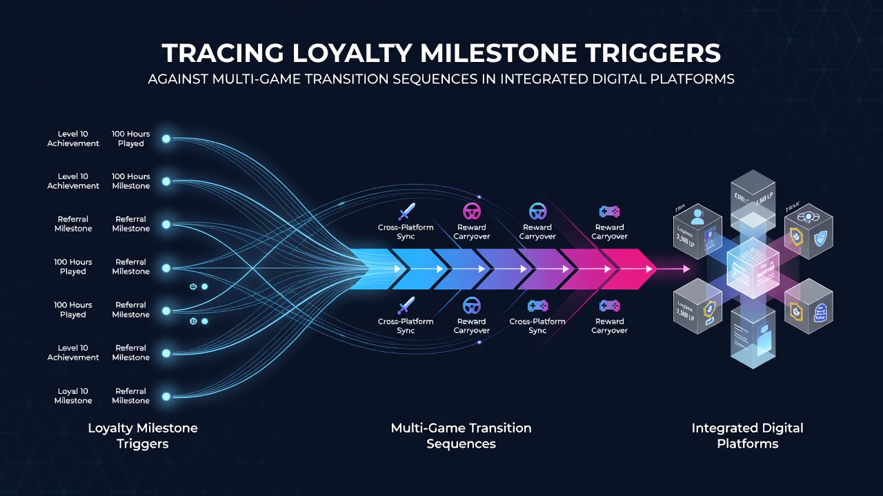 Integrated digital gaming platform interface showing loyalty progress bars and game transition analytics dashboard